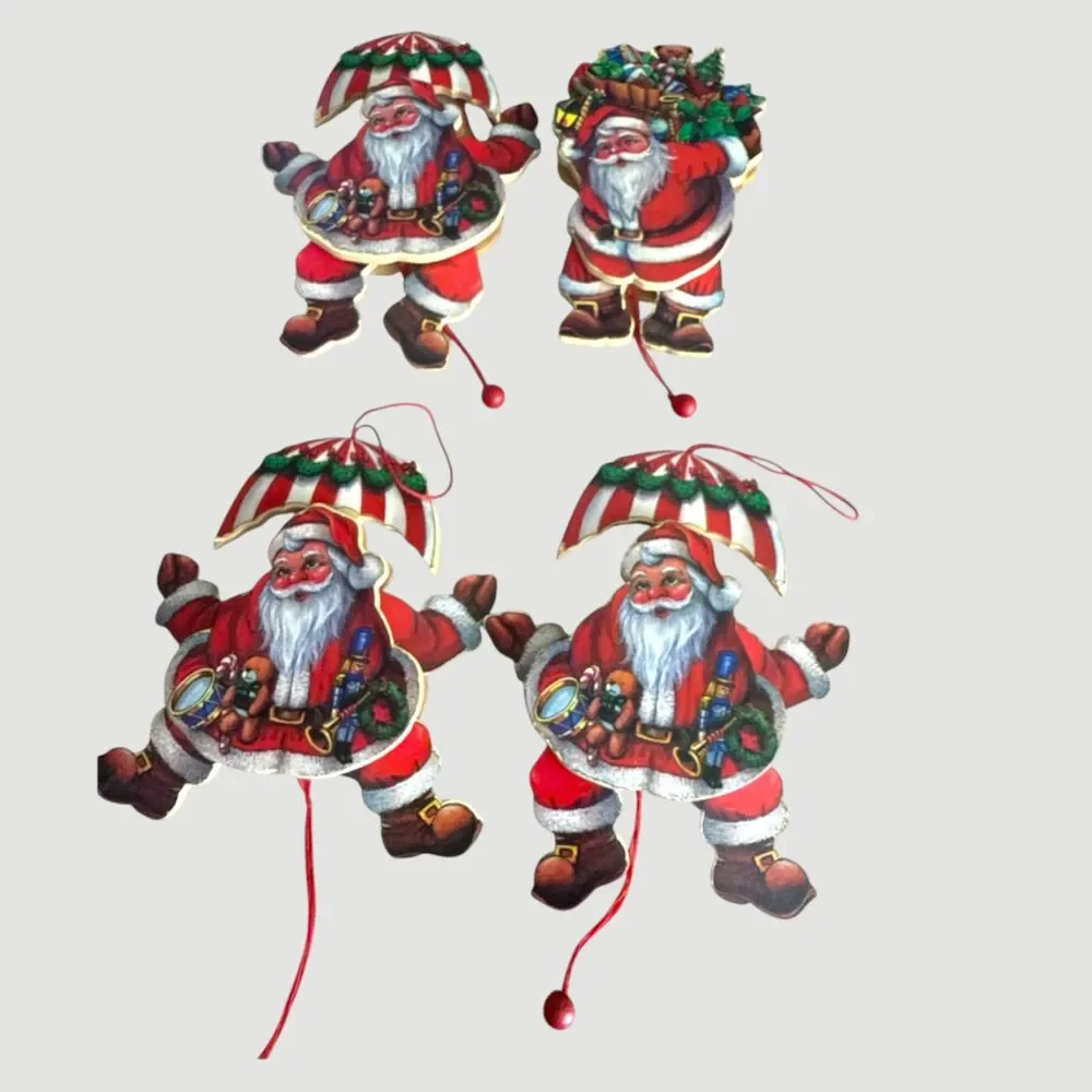 Lot of 4 Vintage Jointed Pull String Santa Ornaments 9
